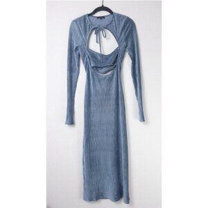 NEW h:ours Cutout Ribbed Velvet Midi Dress S Crushed Blue Tie